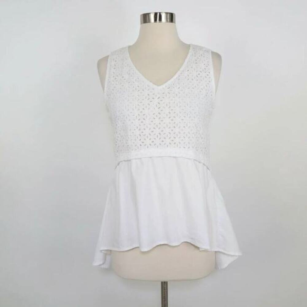 Anthropologie Sz S HD In Paris White Eyelet Hi Low Peplum Top Cotton